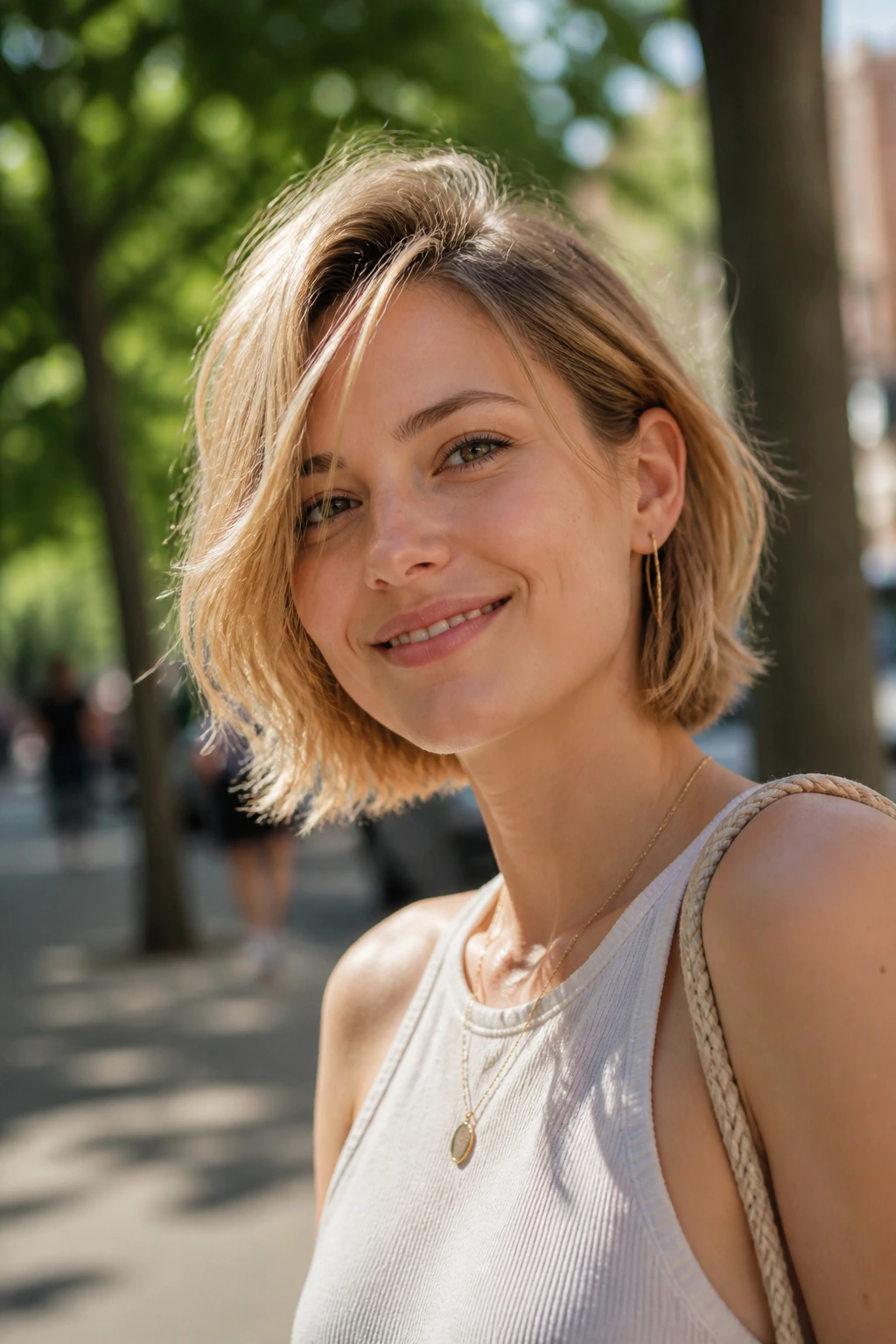 Real woman outdoors with a summer-friendly haircut on a sunny day