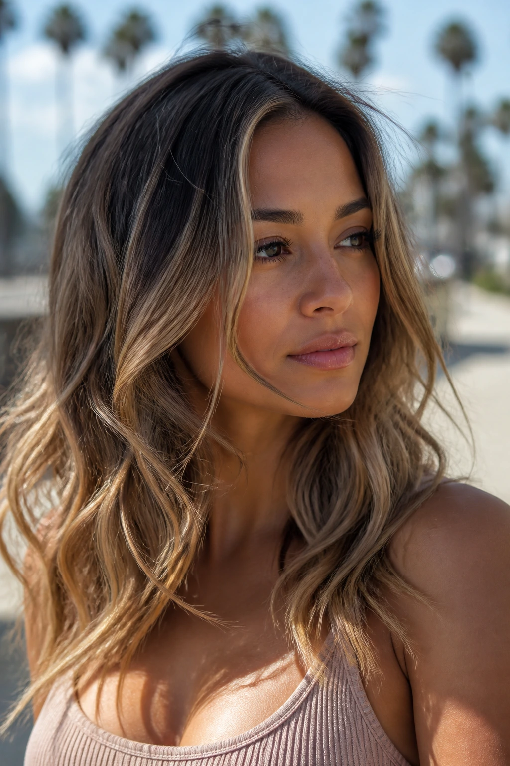 Close-up portrait of a real woman with sun-kissed balayage in natural light.