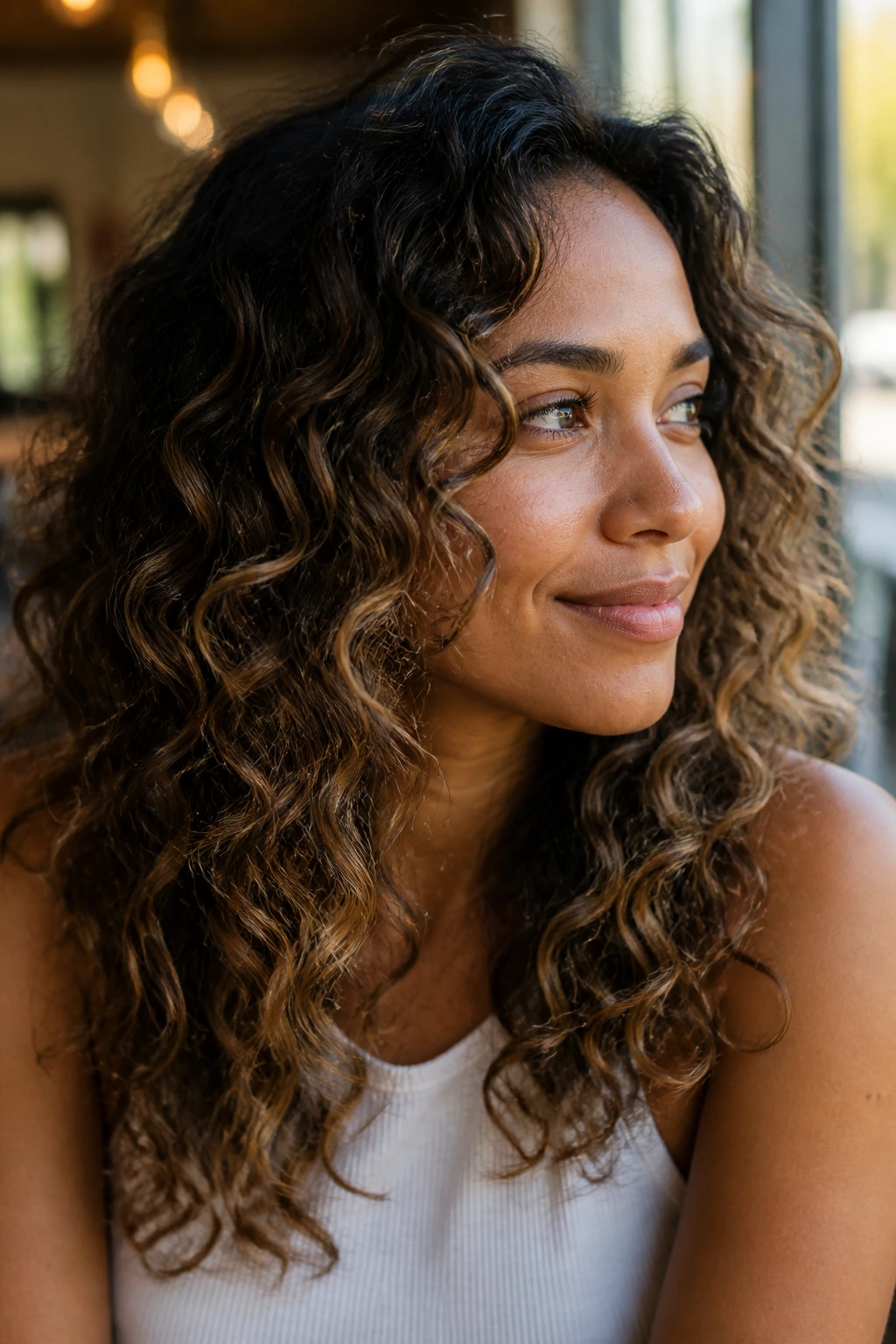 Close-up of sun-kissed brunette balayage on curls.