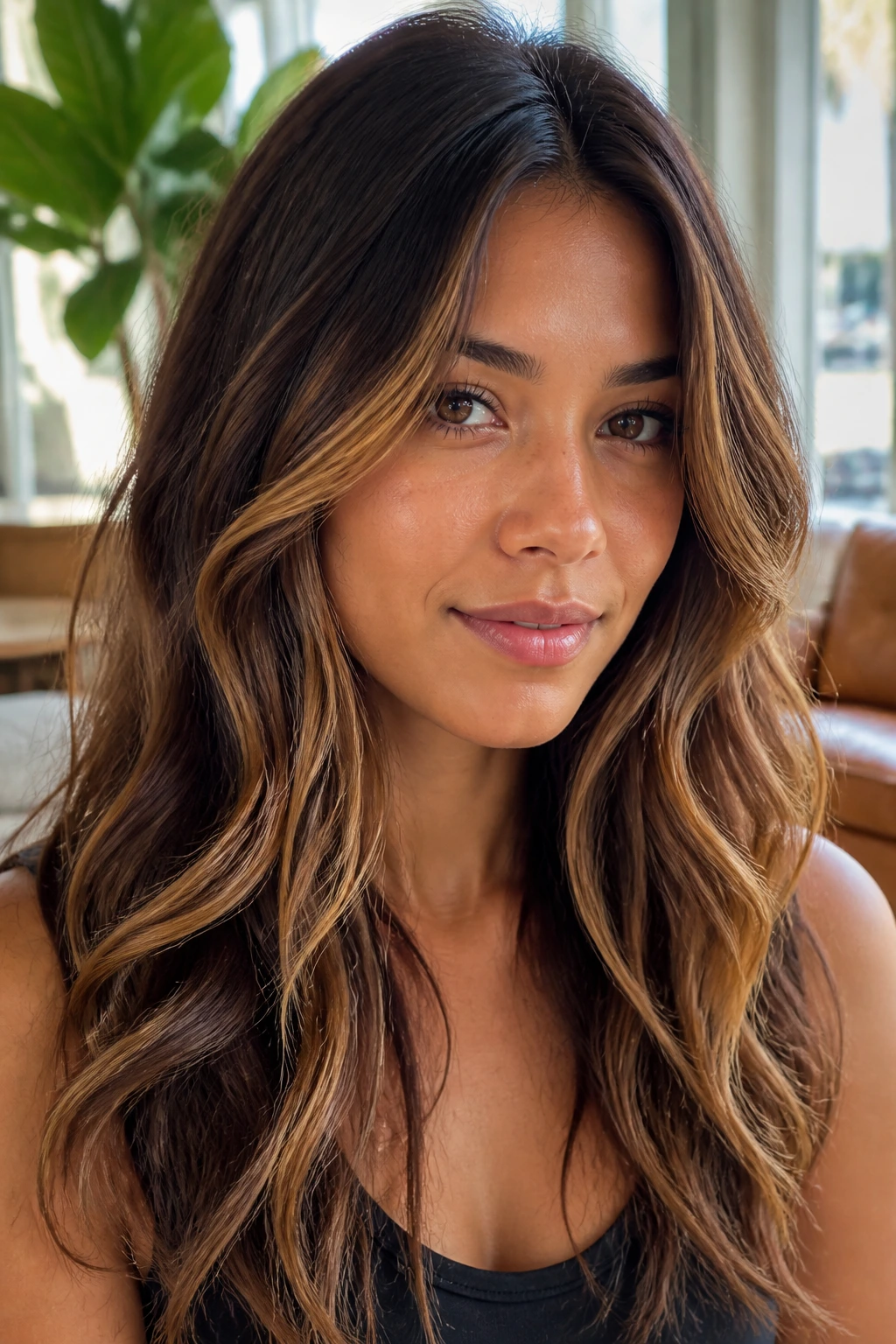 Portrait of sun-kissed brunette with caramel ribbons near the face