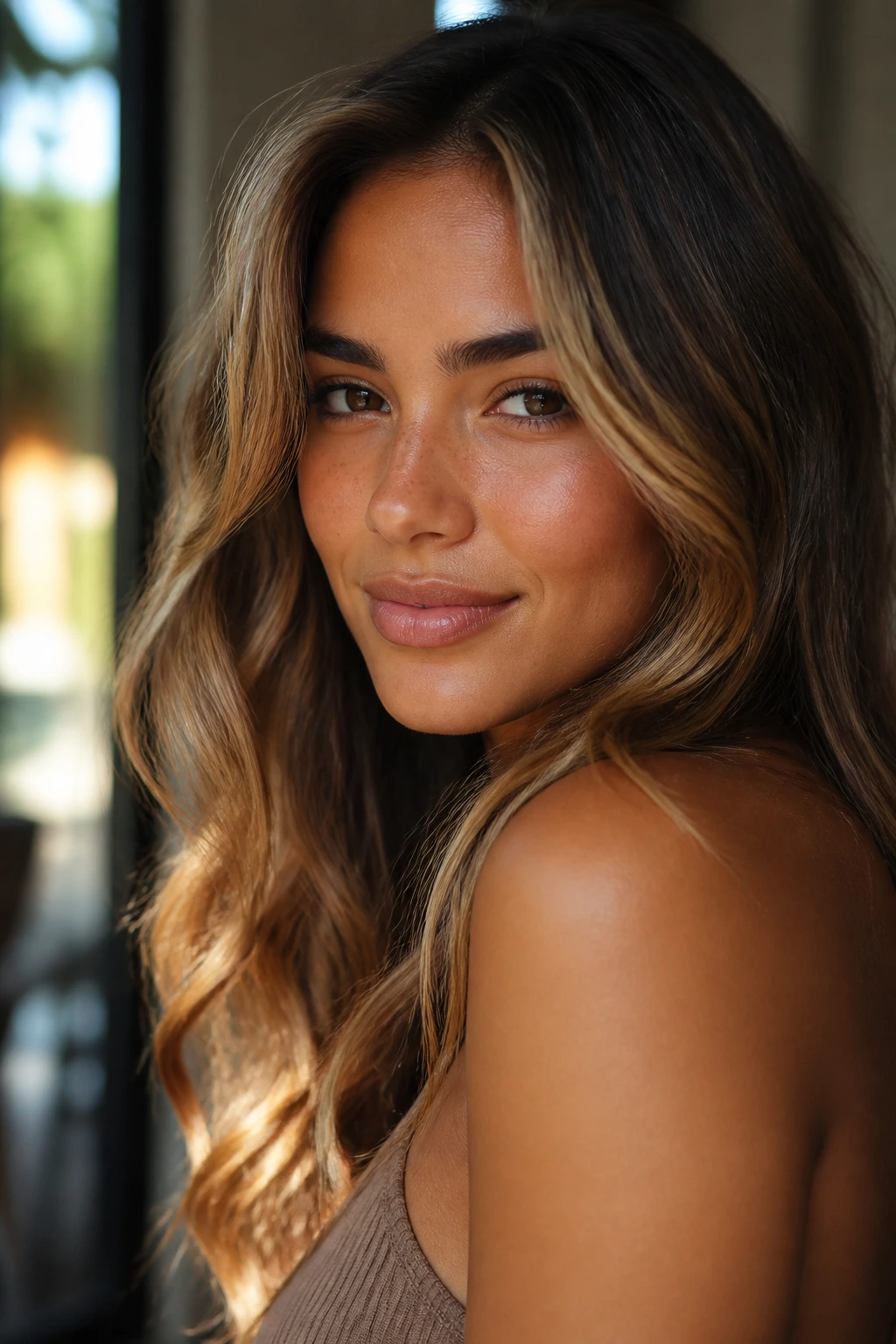 Close-up portrait of a real woman with sun-kissed brunette hair on tan skin in warm daylight.