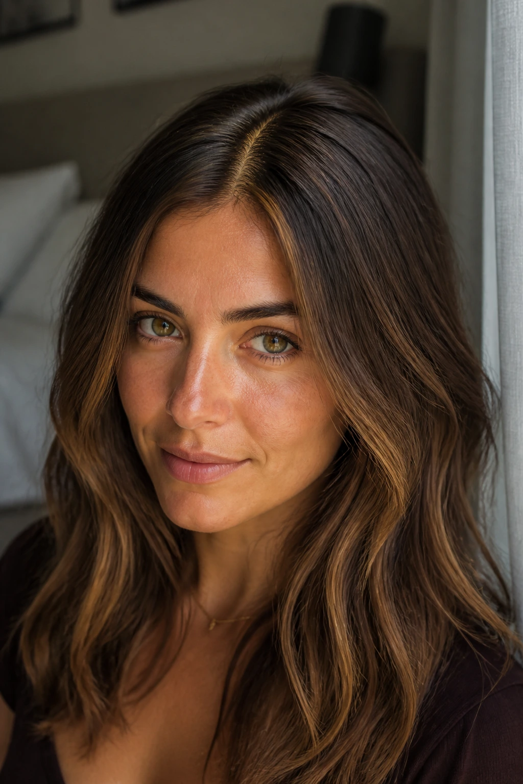 Portrait showing sun-kissed caramel highlights along part on olive skin.