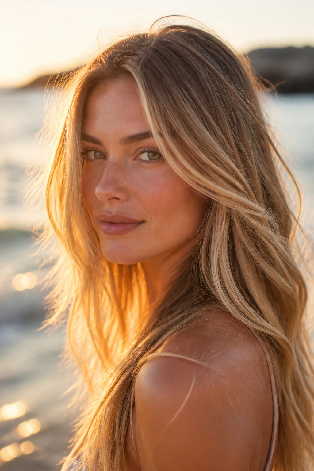Woman with sun-kissed champagne veil highlights on beach at golden hour