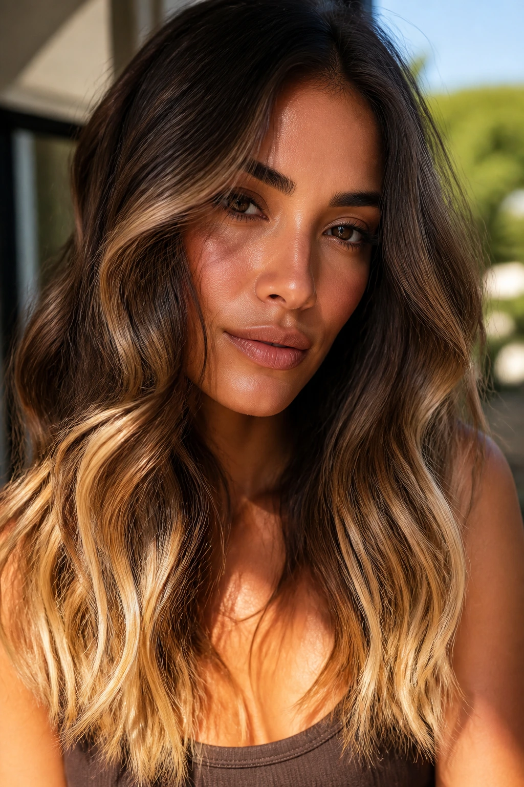 Real woman with chestnut to gold balayage gradient and soft ends
