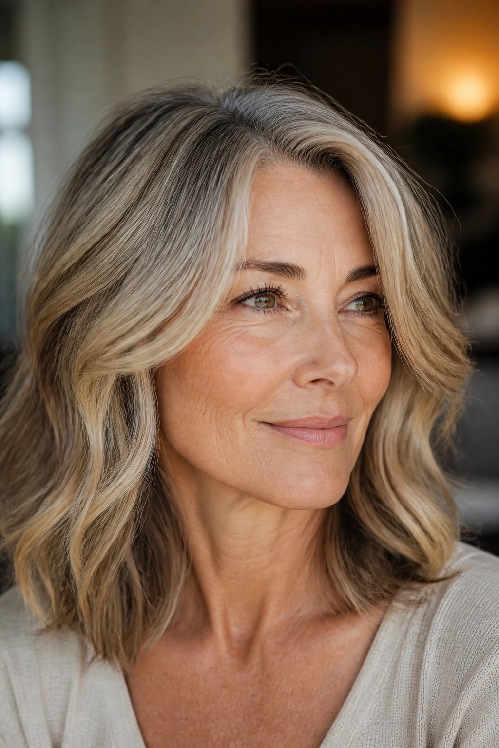 Hair with sun-kissed dimension blending gold highlights with gray roots on a real person