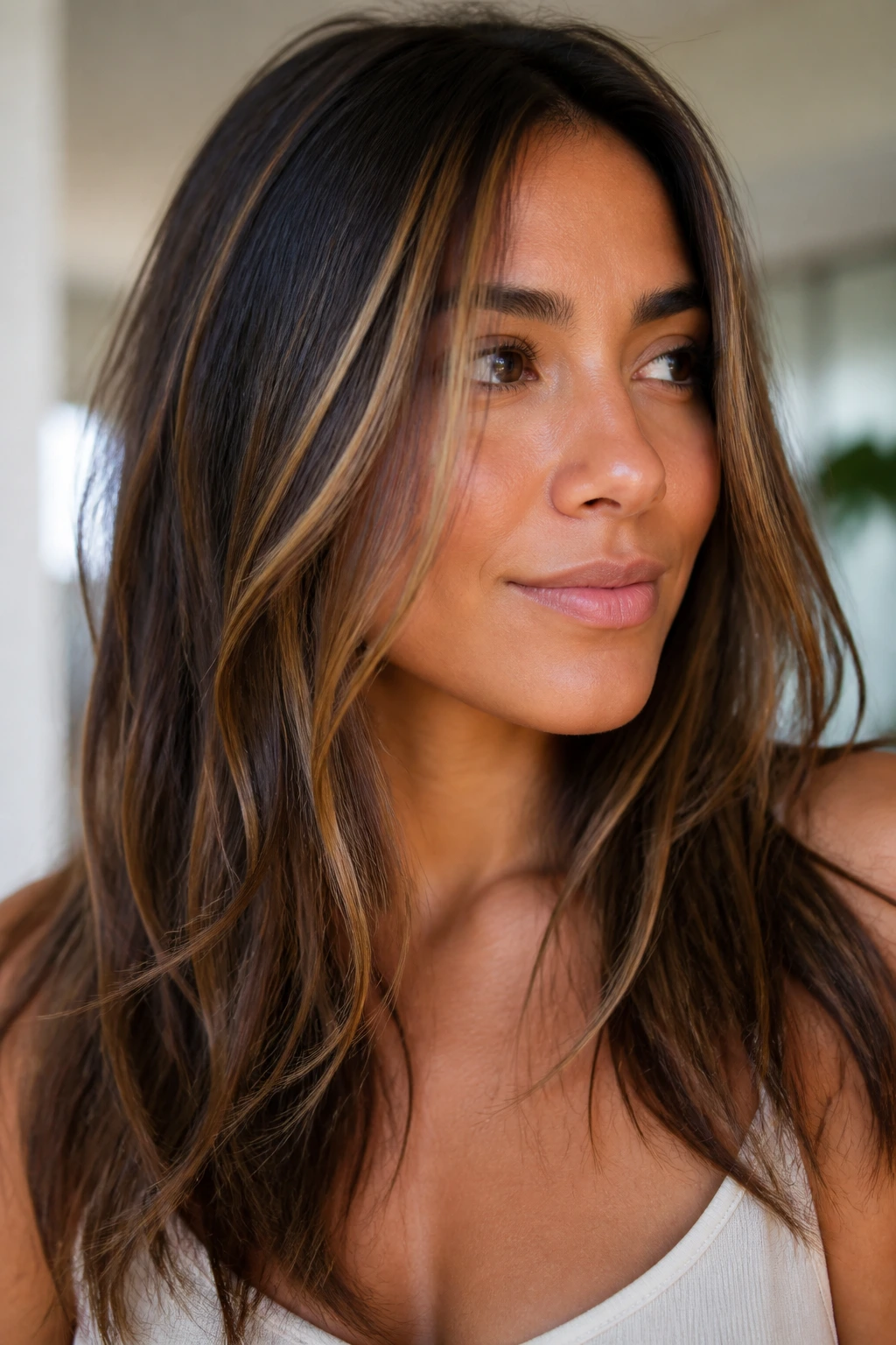 Close-up portrait of real person with sun-kissed ribbon highlights in brown hair.