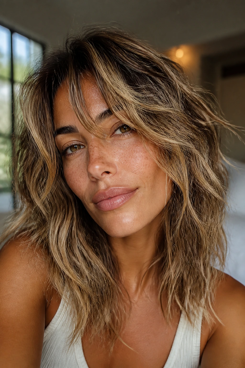 Shag hairstyle with scattered honey-caramel ribbons on tan skin.