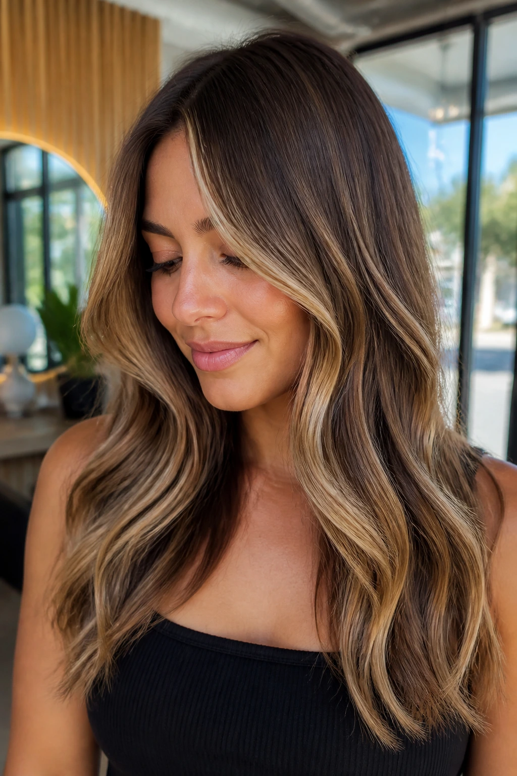 Close-up brunette with sun tea blonde babylights blending softly into the base.