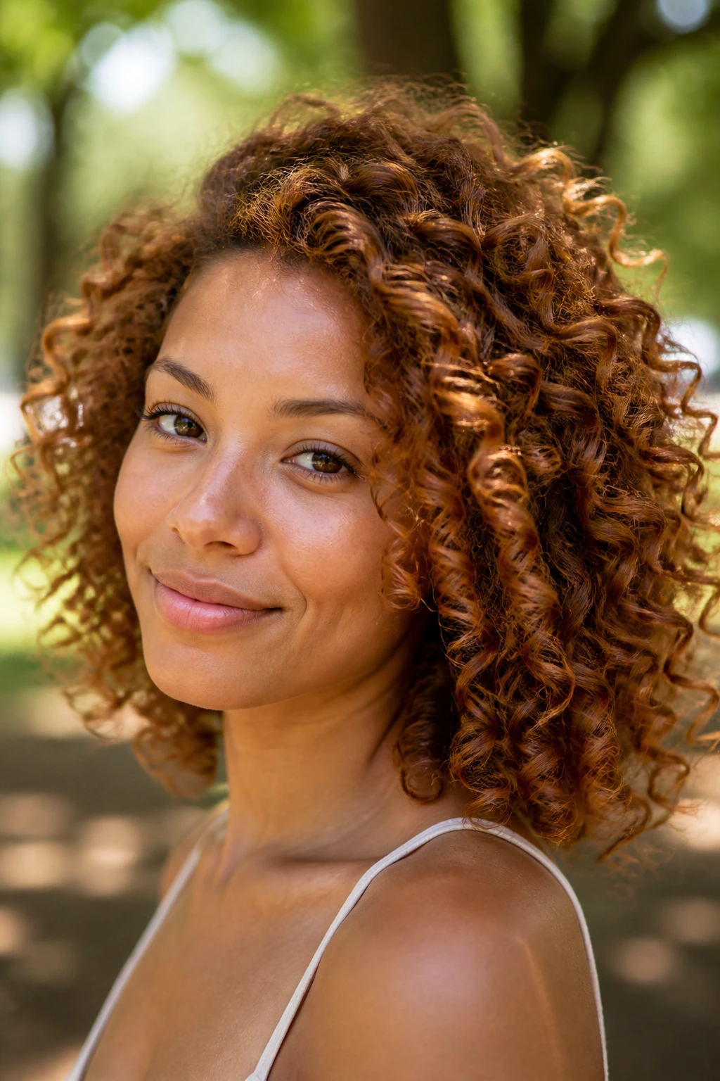 Close-up of a real woman with sun tea copper curls in natural light