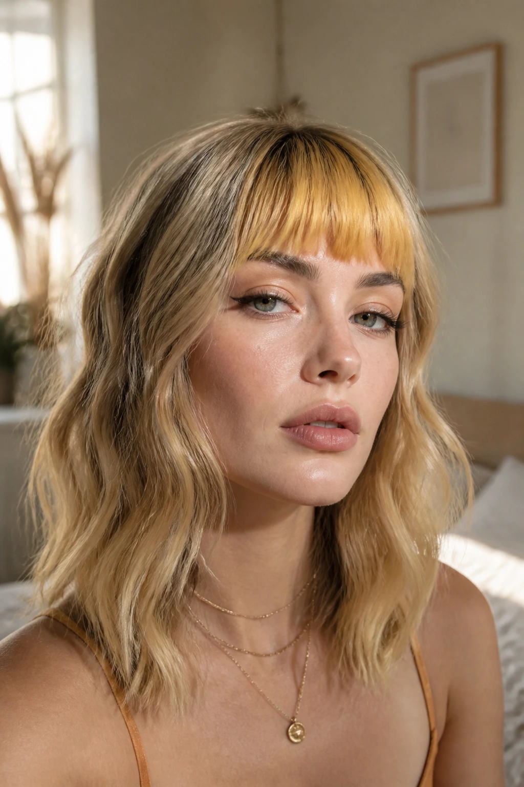 Close-up of a real woman showing a sunflower blonde block fringe on wavy hair in warm window light