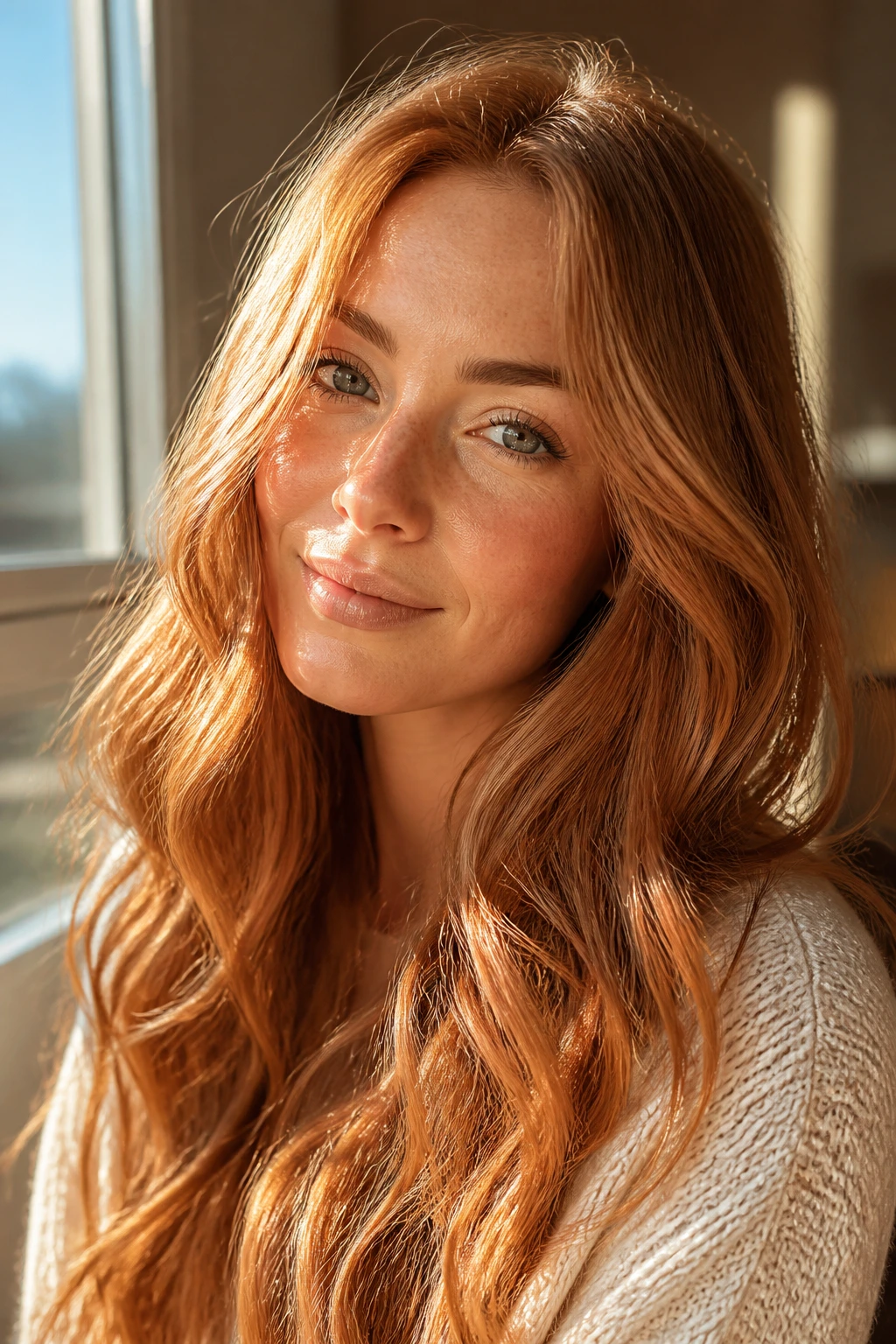Close-up of real person with sunkissed auburn strawberry hair under golden hour light
