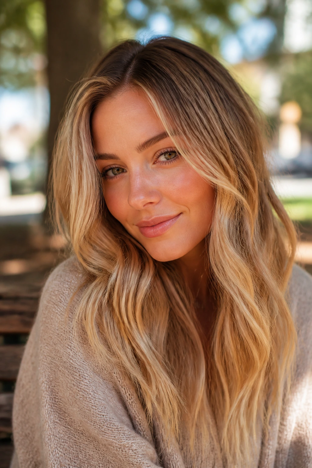 Close-up of real person with Sunkissed Barrel Blonde hair color, warm blonde with darker roots.