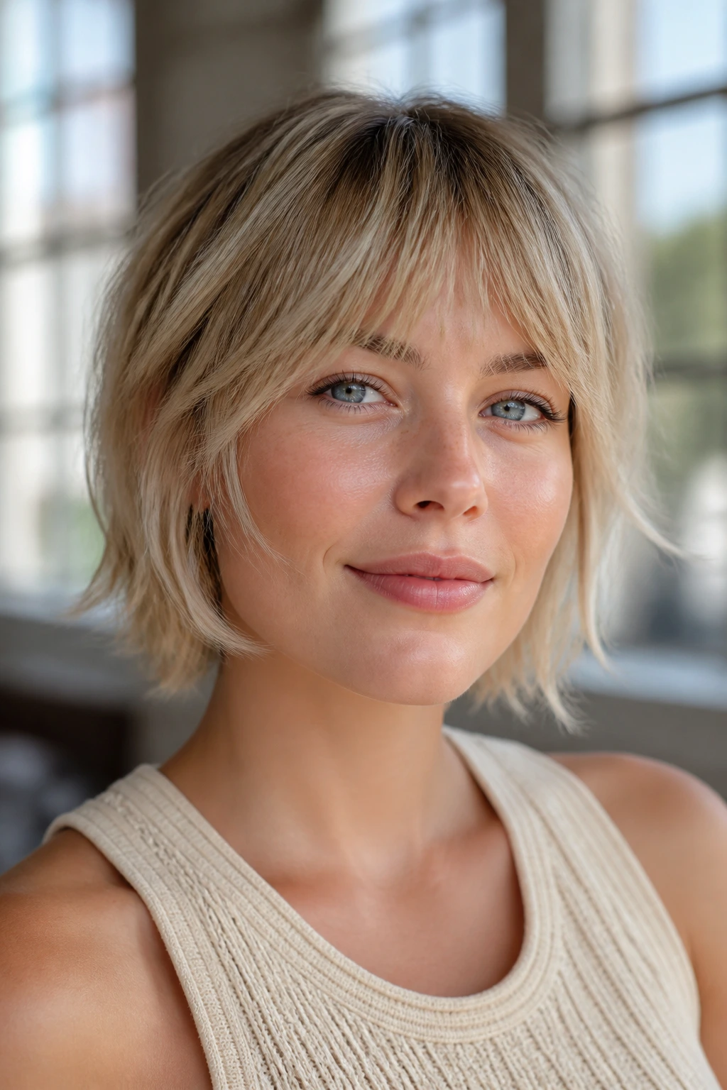 Close-up portrait of a real person with sunkissed short hair and wispy fringe in bright interior
