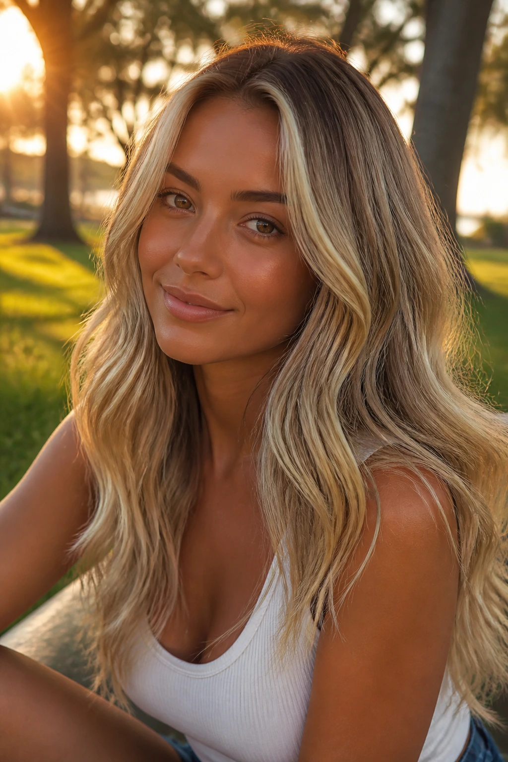 Close-up portrait of a person with sunkissed butter blonde hair and grounded roots.