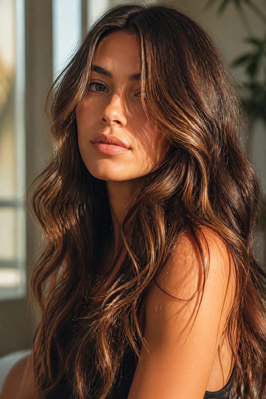 Close-up portrait of a real woman with sunkissed cocoa waves in long brunette hair.