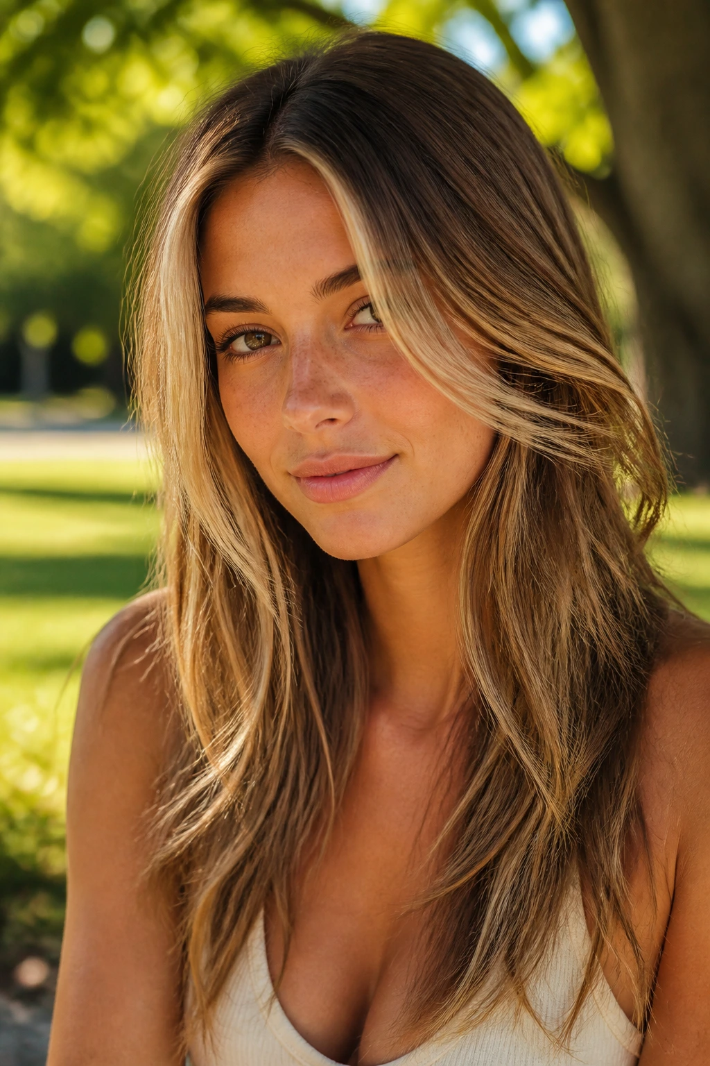Medium close-up of sunkissed face-framing layers on a real woman in natural sunlight.