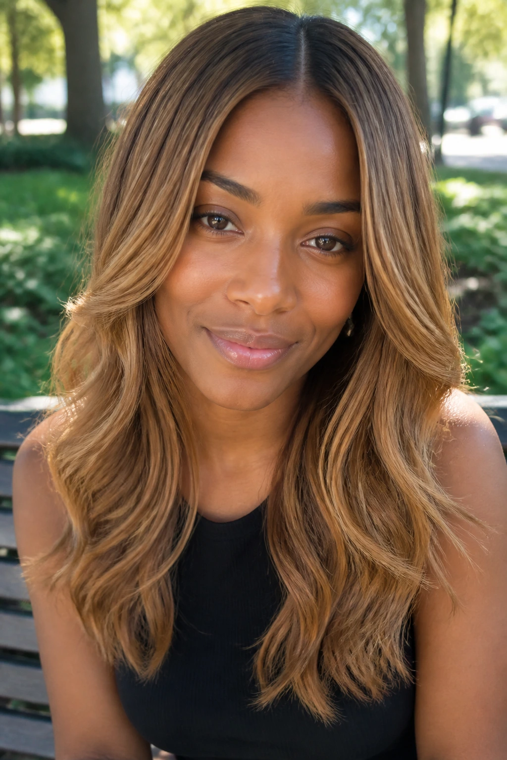 Real person with sunkissed honey layers and center part