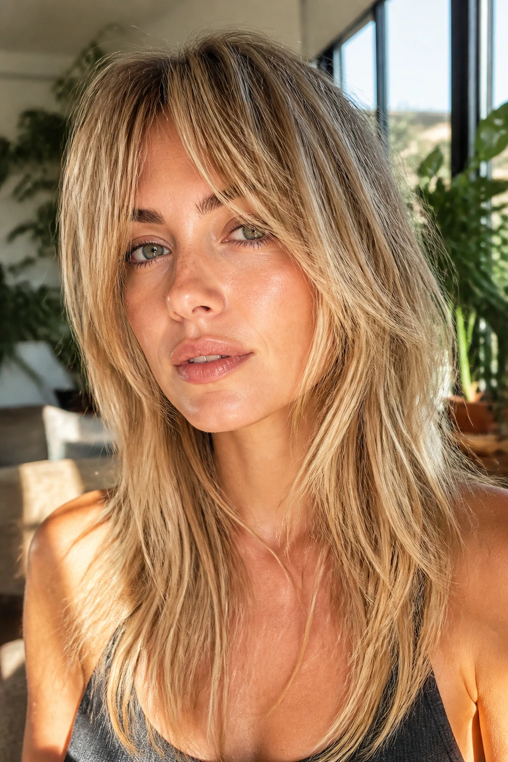 Portrait of a real woman with sunkissed razor shag and wispy texture
