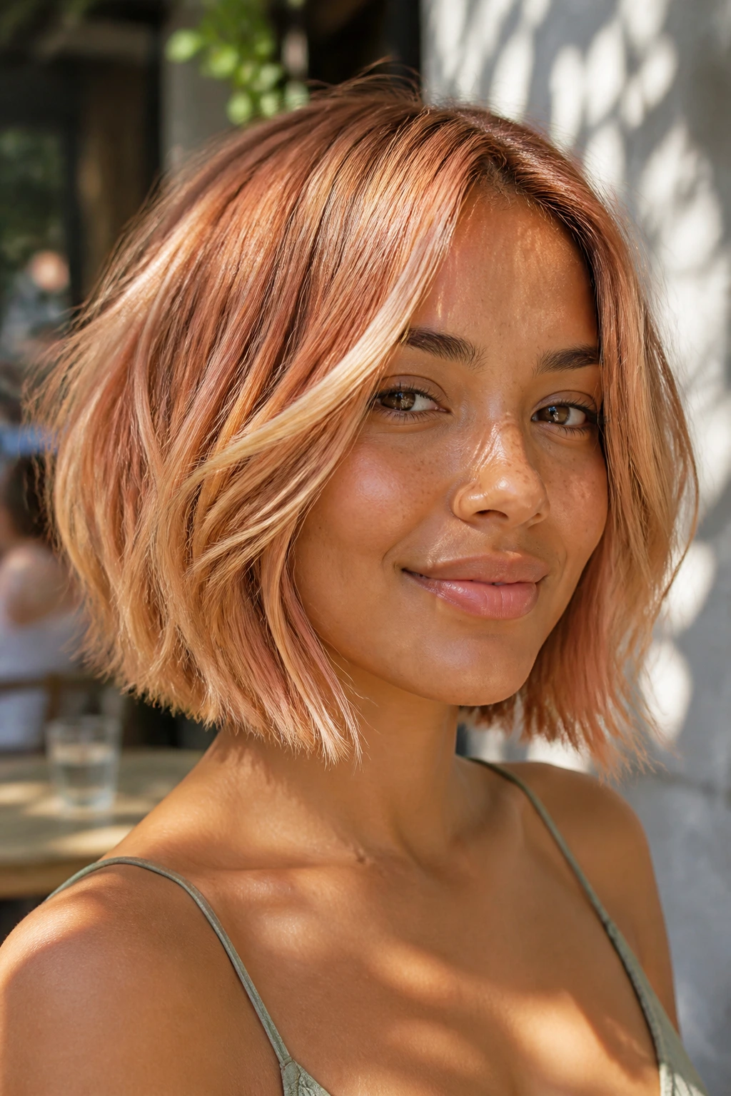Real woman with sunkissed strawberry bob hair in sunlit outdoor setting