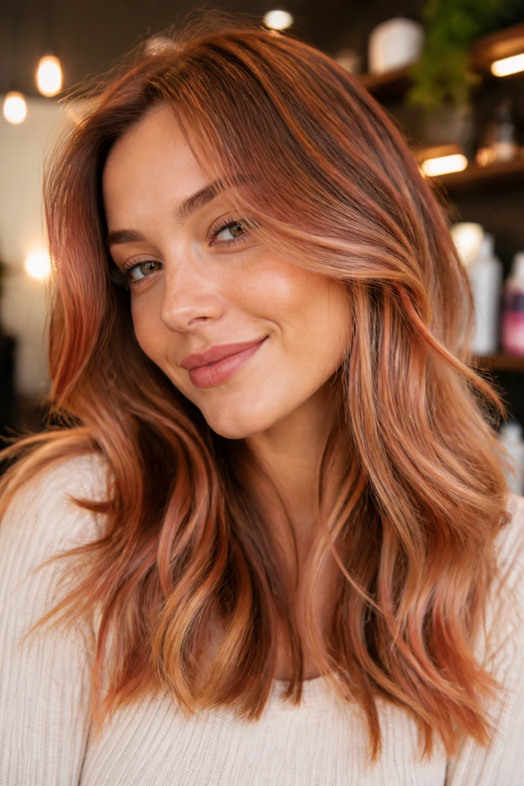 Close-up of a real woman with sunkissed strawberry toner on brunette hair in warm light