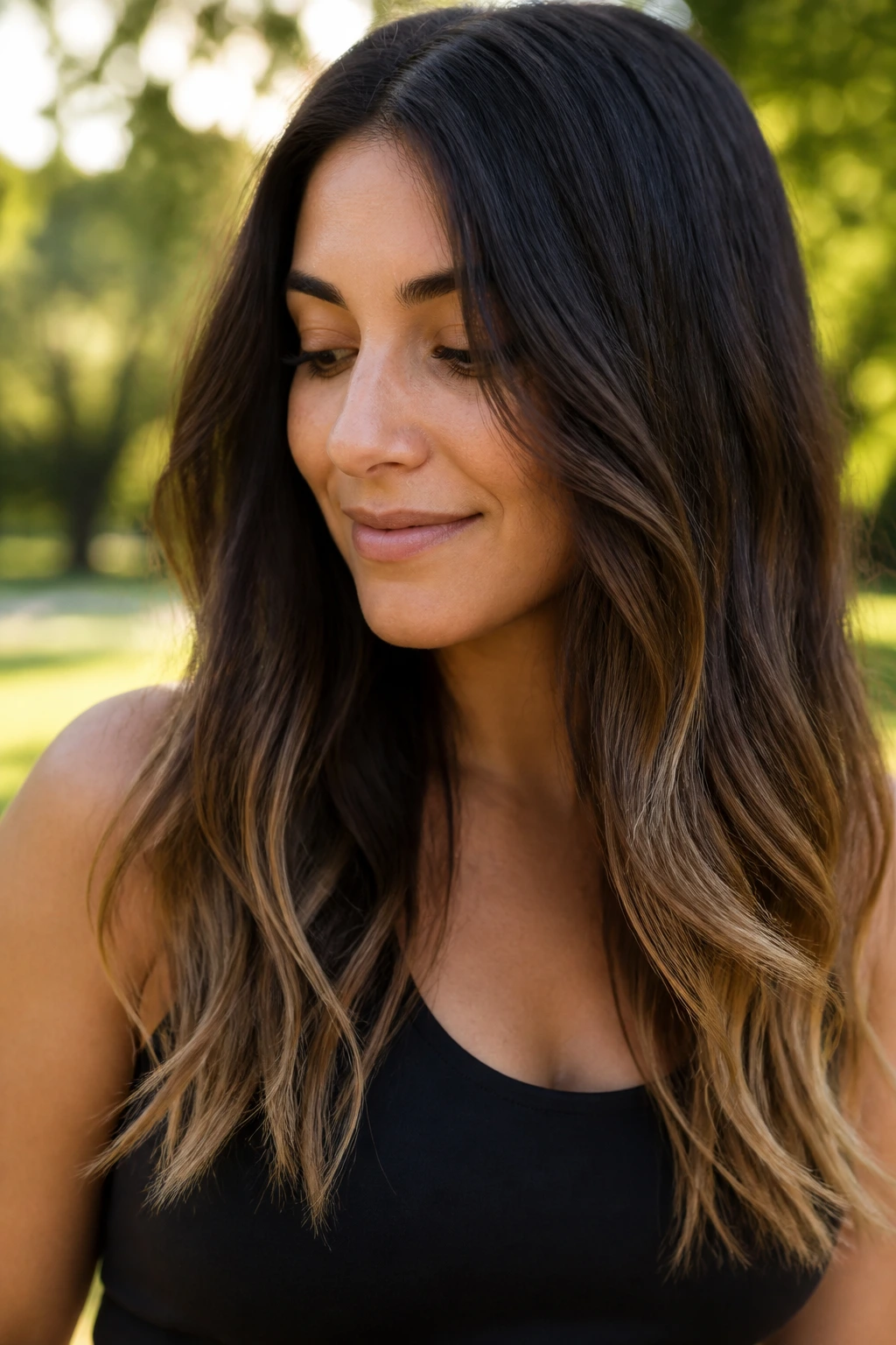 Close-up of subtle sunkissed tips on dark hair catching light