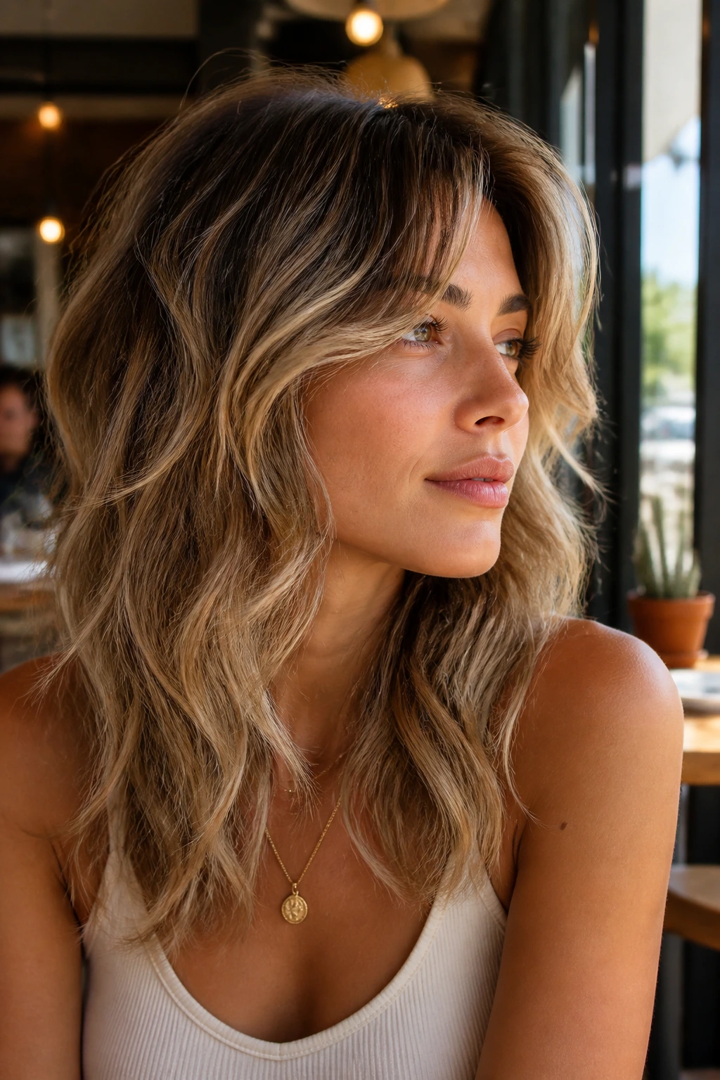 Close-up portrait of a real woman with a sunkissed wolf cut in warm natural light