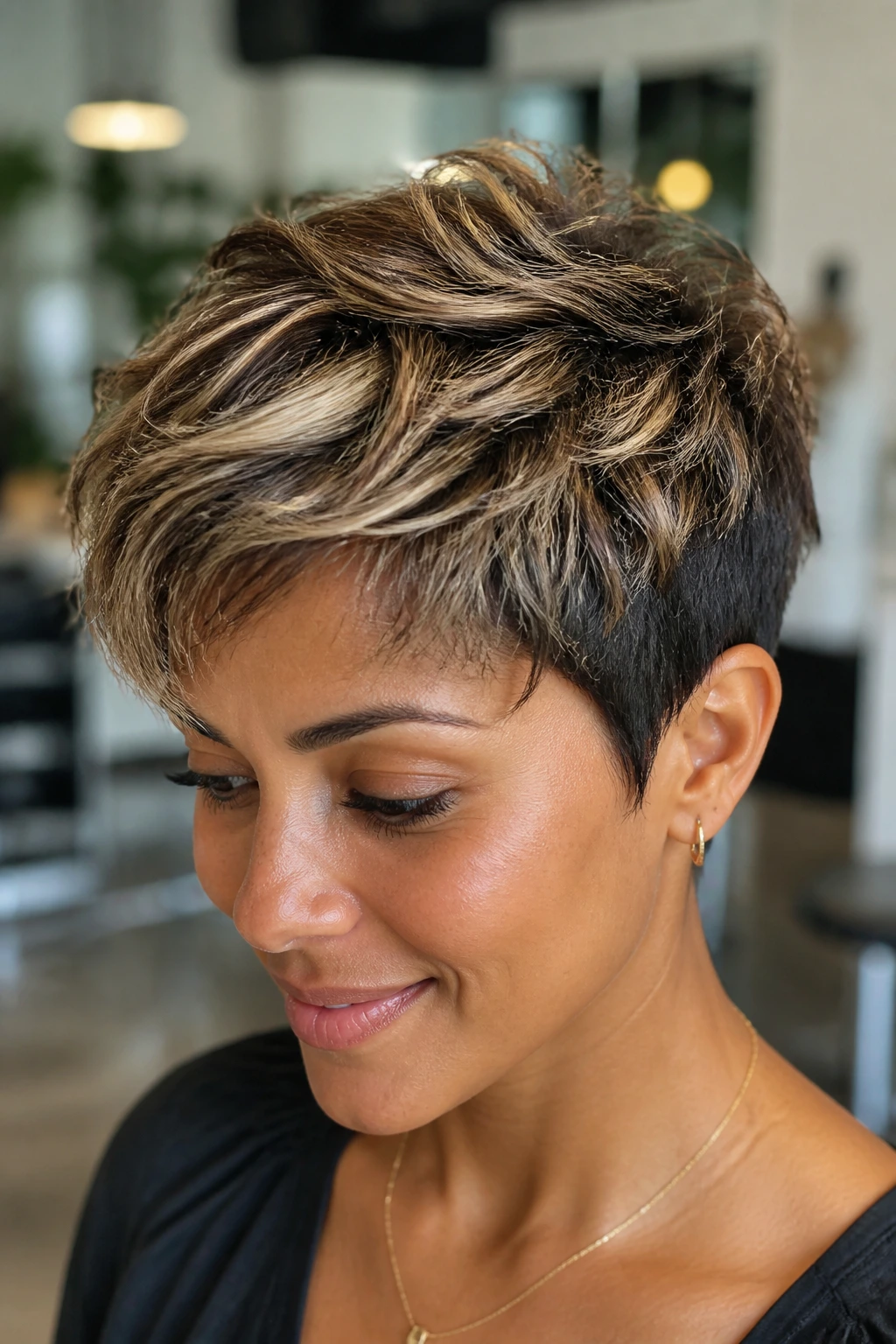 Close-up of a real person with sunlight foils in a short textured crop