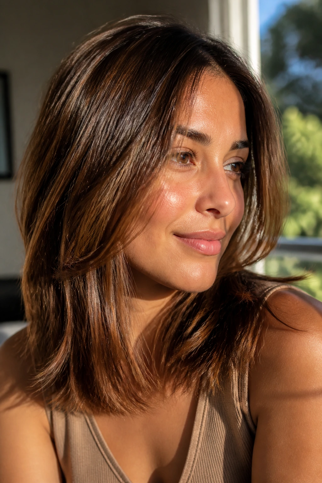 Close-up portrait with sunlit auburn babylights on medium skin tone hair