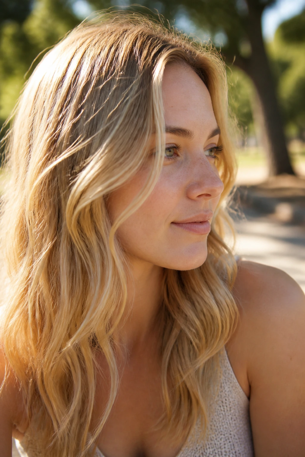 Close-up of a real person with sunlit baby-lights on blonde base