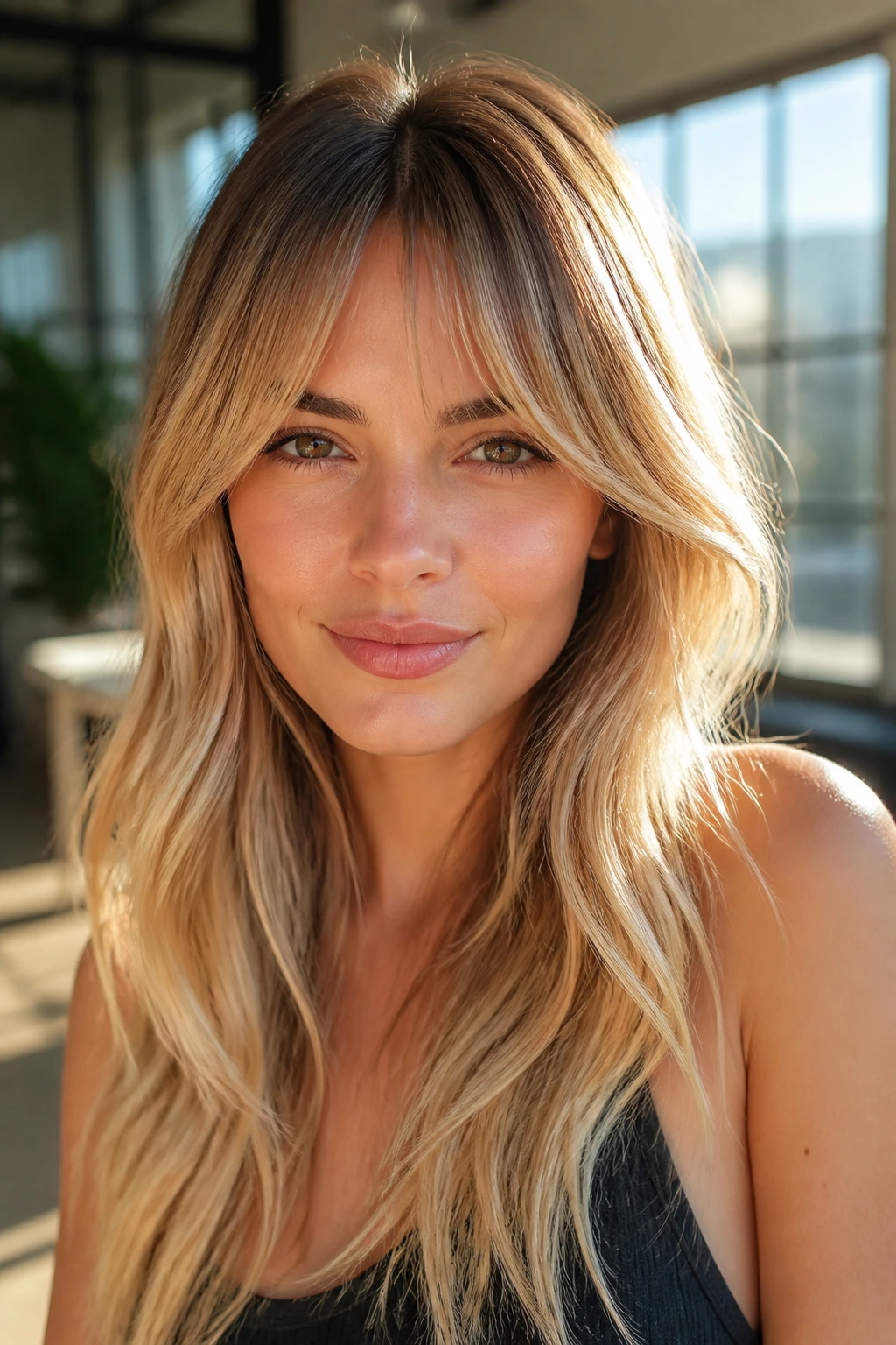 Close-up of a real woman with sunlit balayage and bottleneck bangs