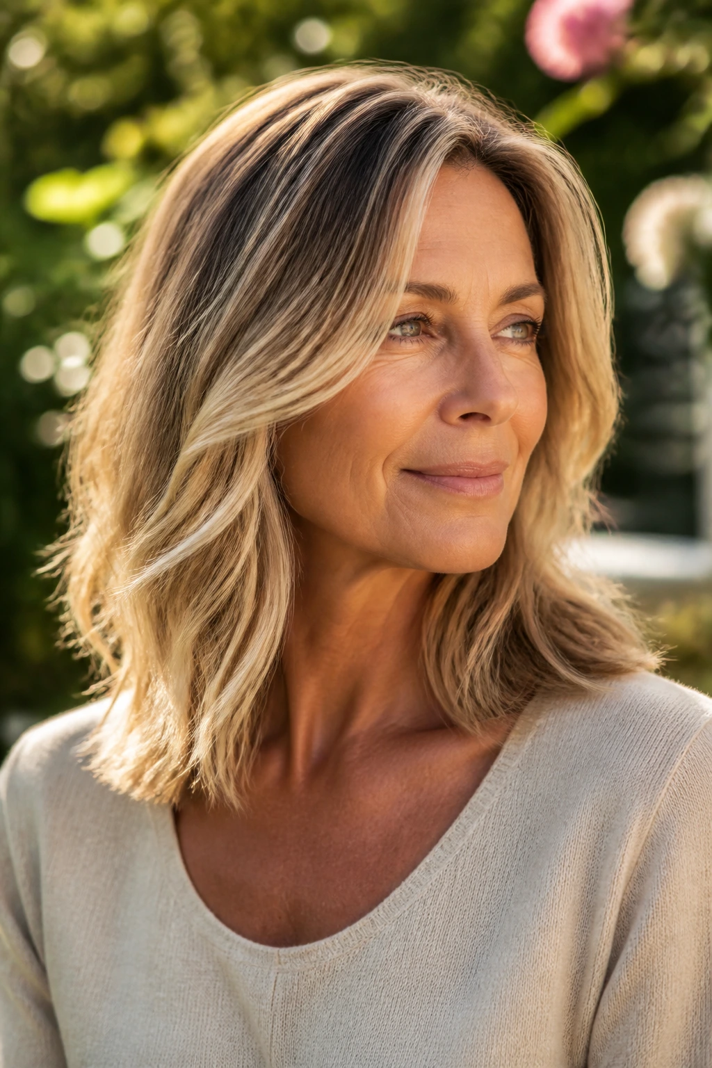 Portrait of a woman with sunlit balayage on mid-length hair in natural light