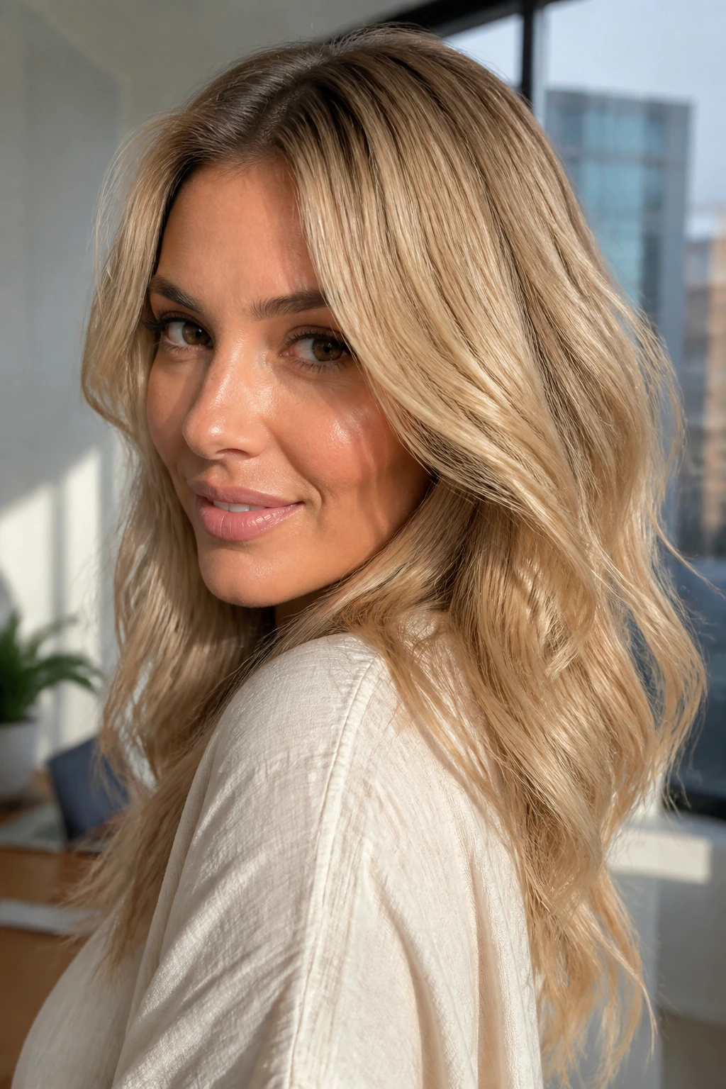 Close-up of a woman with sunlit beige blonde hair in natural daylight.