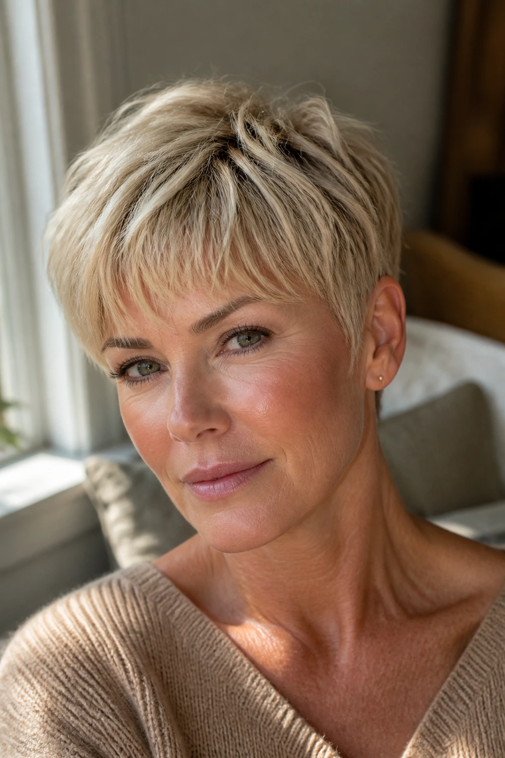 Portrait of a woman with sunlit beige blonde pixie and wispy fringe.