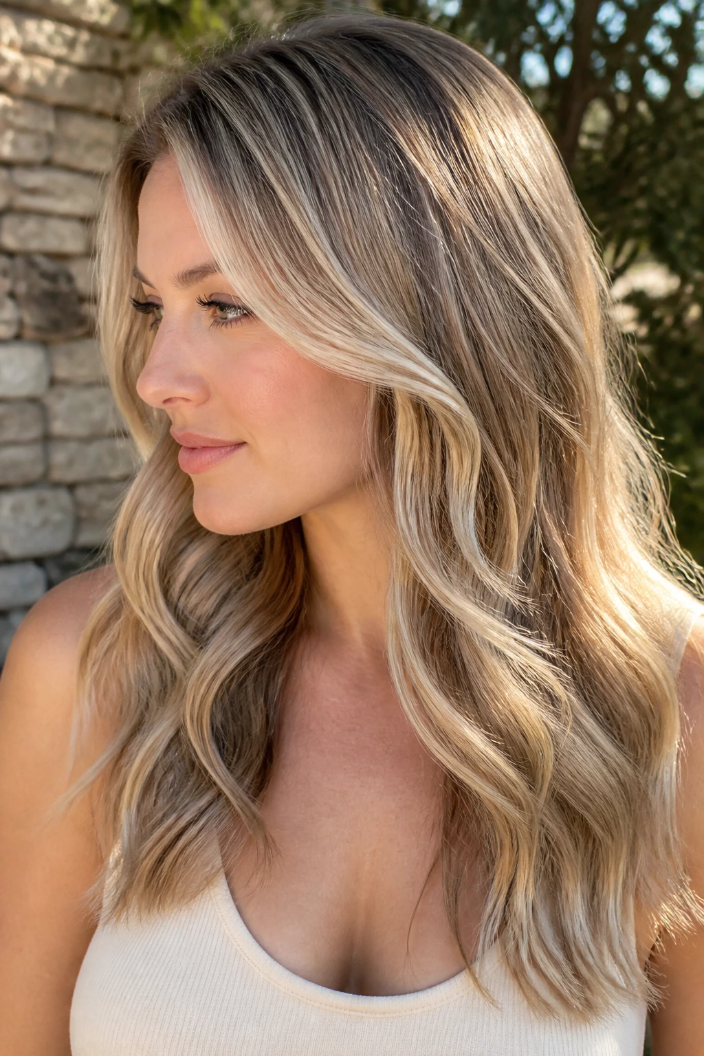 Close-up of sunlit beige blonde with walnut lowlights on a real person