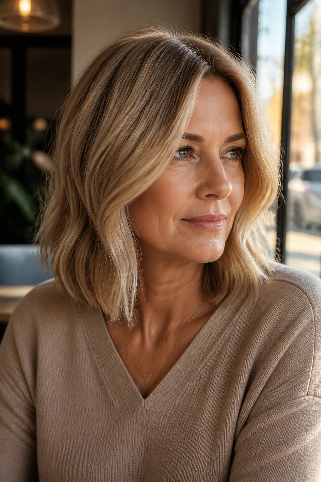 Portrait of a real woman with sunlit beige lob and subtle striped highlights in natural daylight