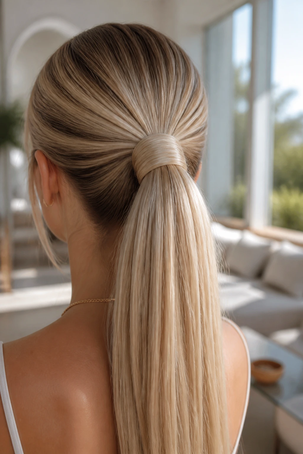 Back-of-head close-up of a real woman with a wrapped-base neutral blonde ponytail in natural daylight