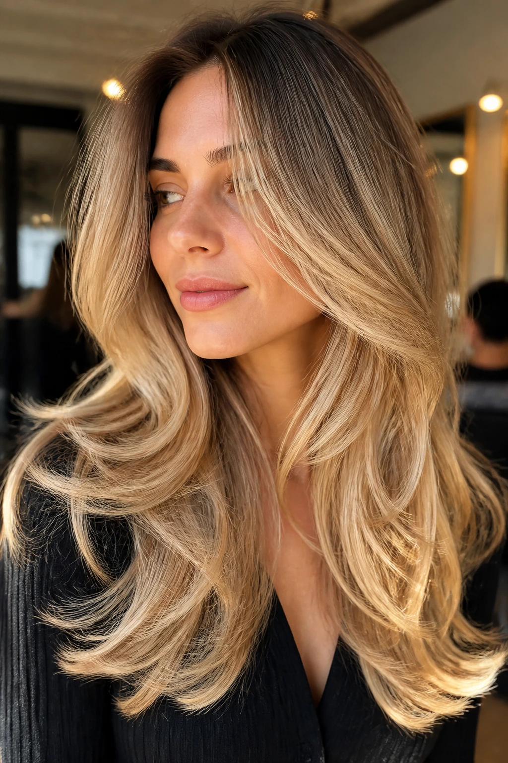 Portrait of a real woman with Sunlit Blowout Layers showing warm blonde layers on dark hair.
