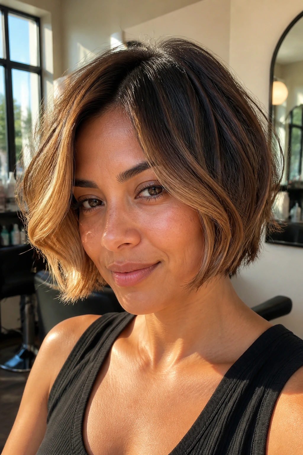 Close-up of a real woman with sunlit bob highlights near the face.