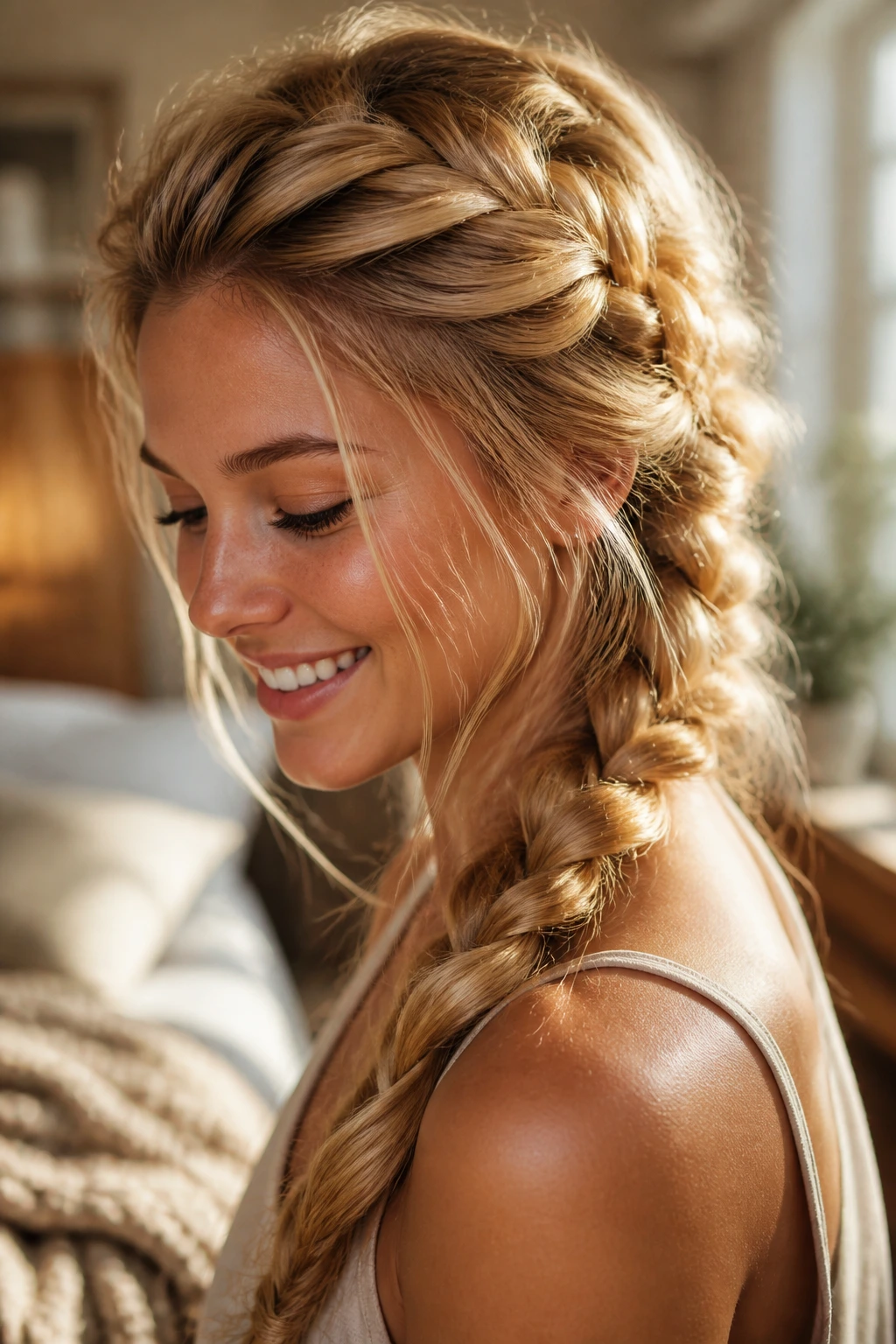 Close-up of a real woman with a sunlit warm-blonde French braid