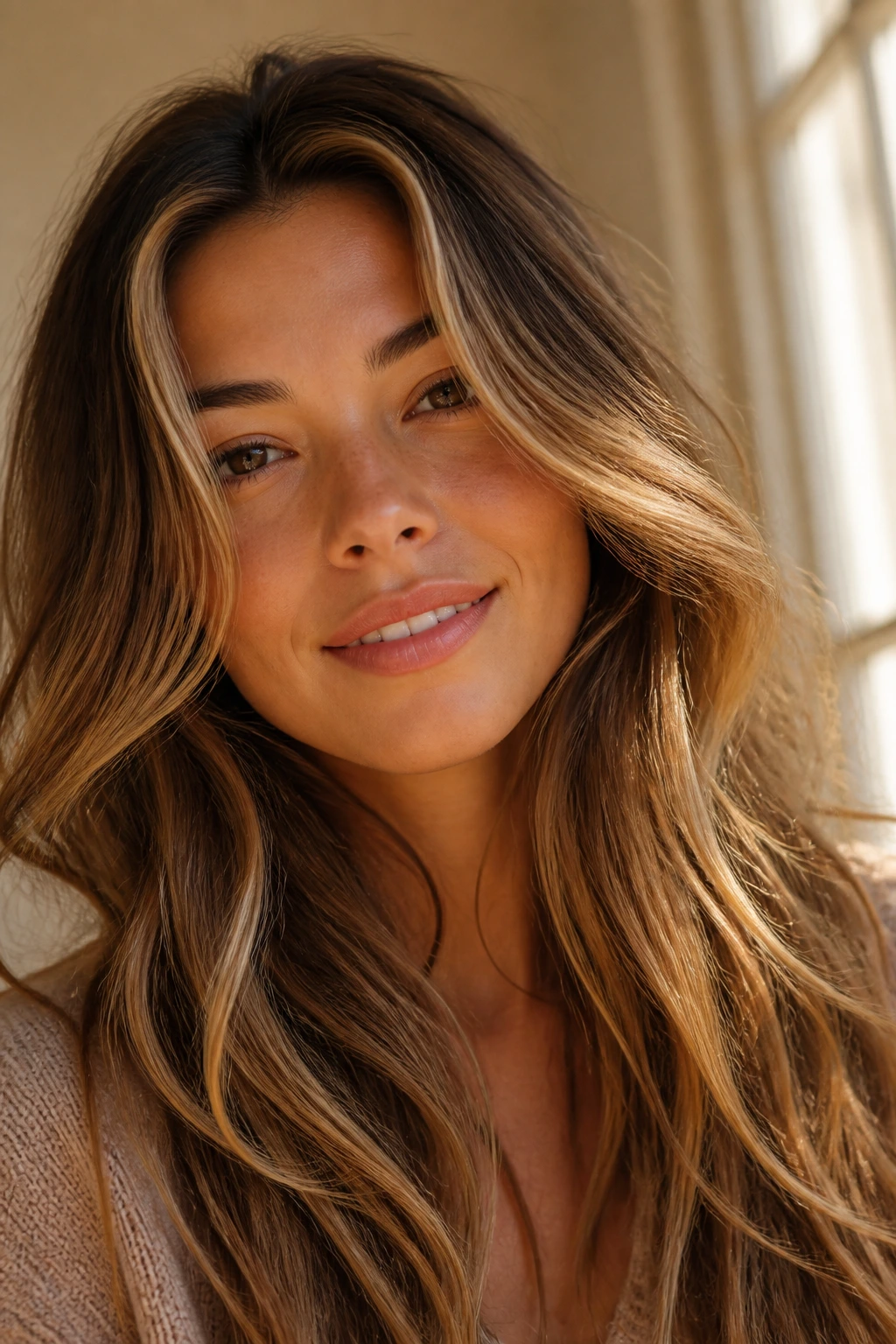 Close-up of real person with sunlit bronde hair color