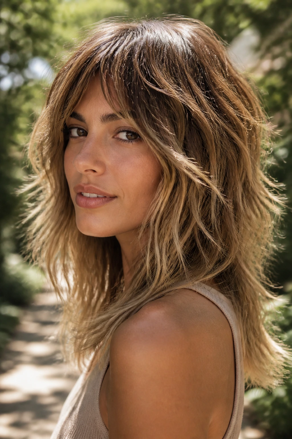 Close-up portrait of sunlit bronde shag on olive skin with garden lighting