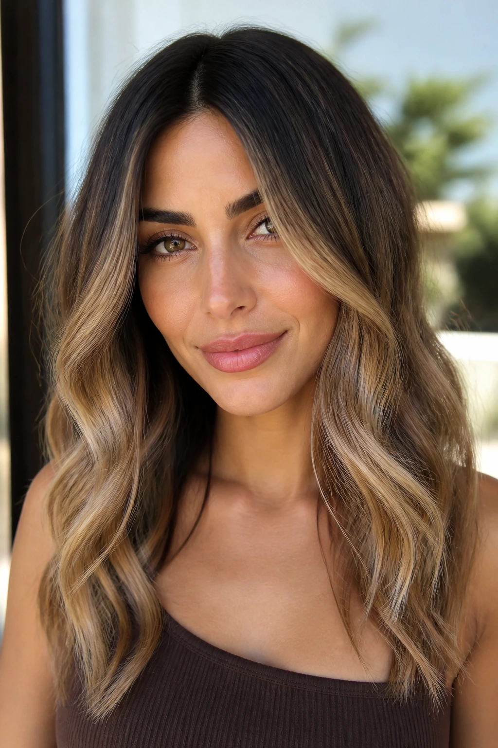Close-up of olive-skinned woman with sunlit caramel balayage in loose waves.