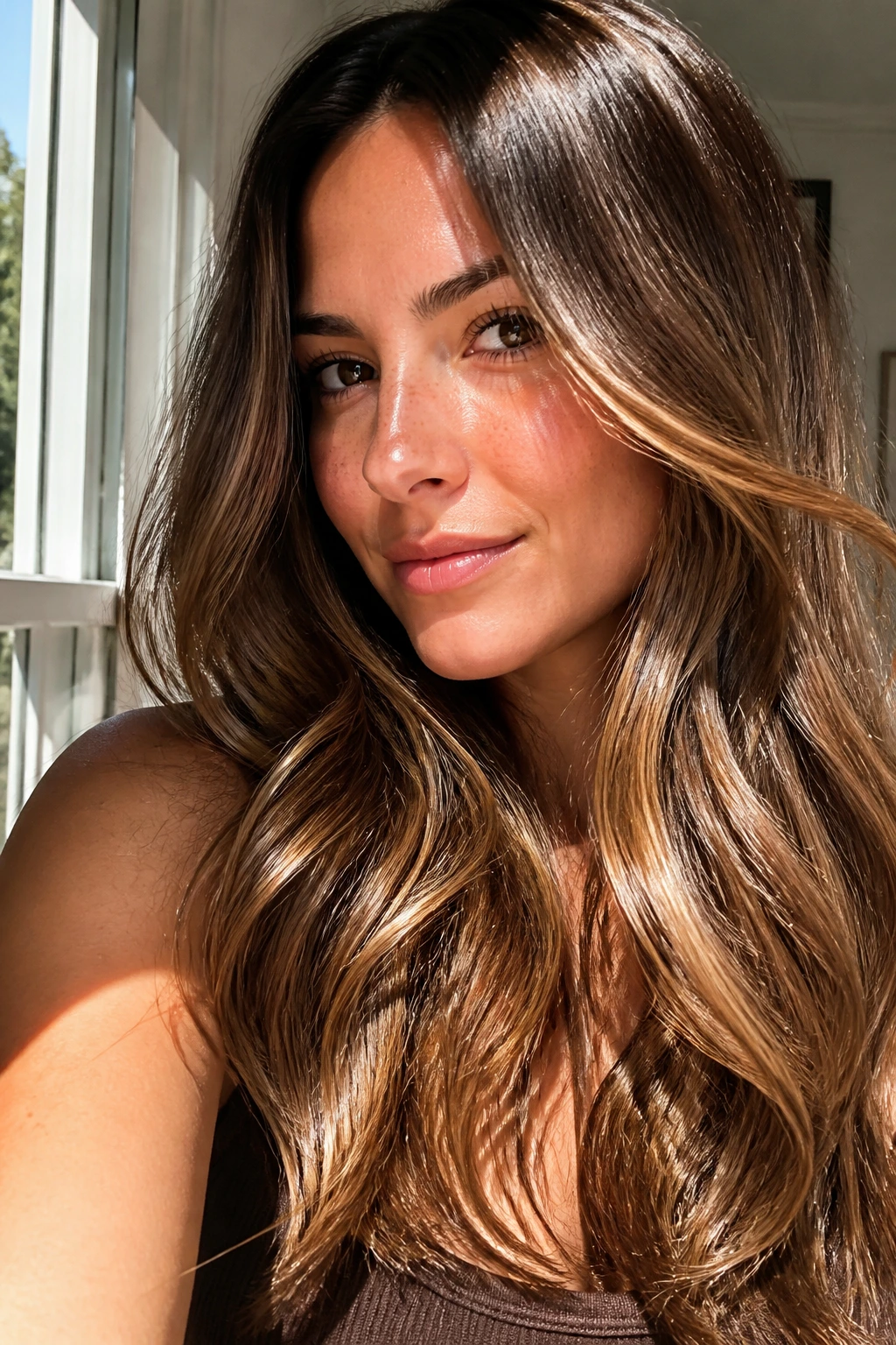 Close-up of brunette hair with sunlit caramel highlights and gloss finish