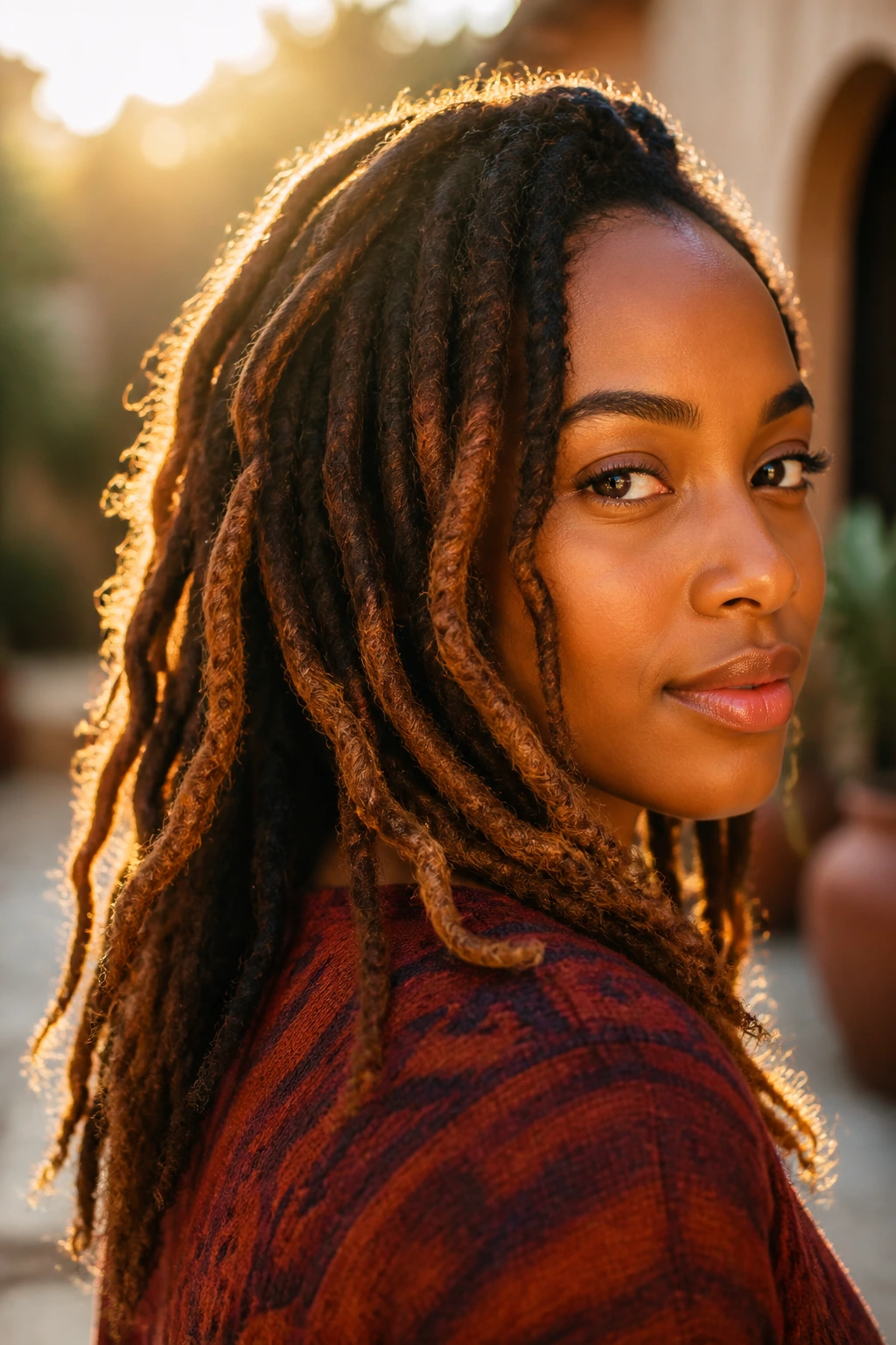 Portrait of a real person with sunlit caramel glow on locs during golden hour.