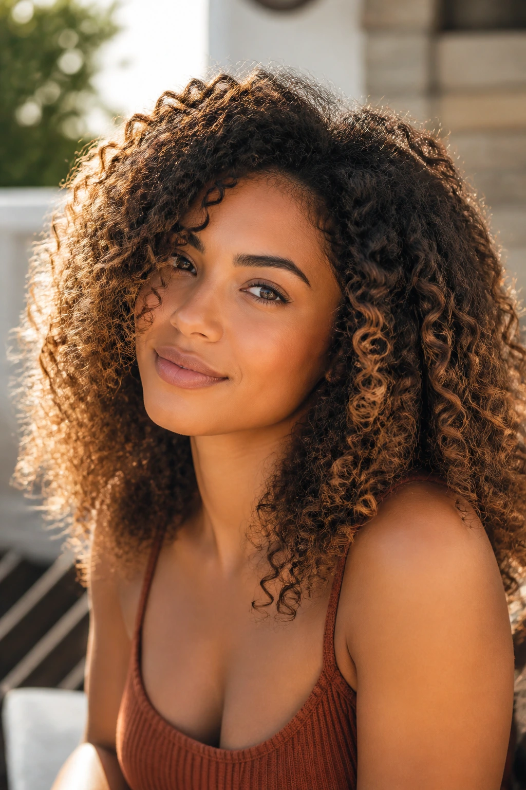 Portrait of a woman with natural curls and sunlit caramel highlights.