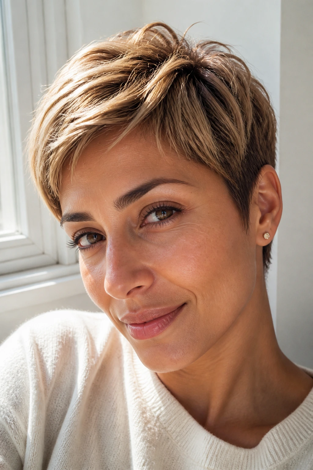 Close-up of a real woman with a sunlit caramel pixie cut in bright window light