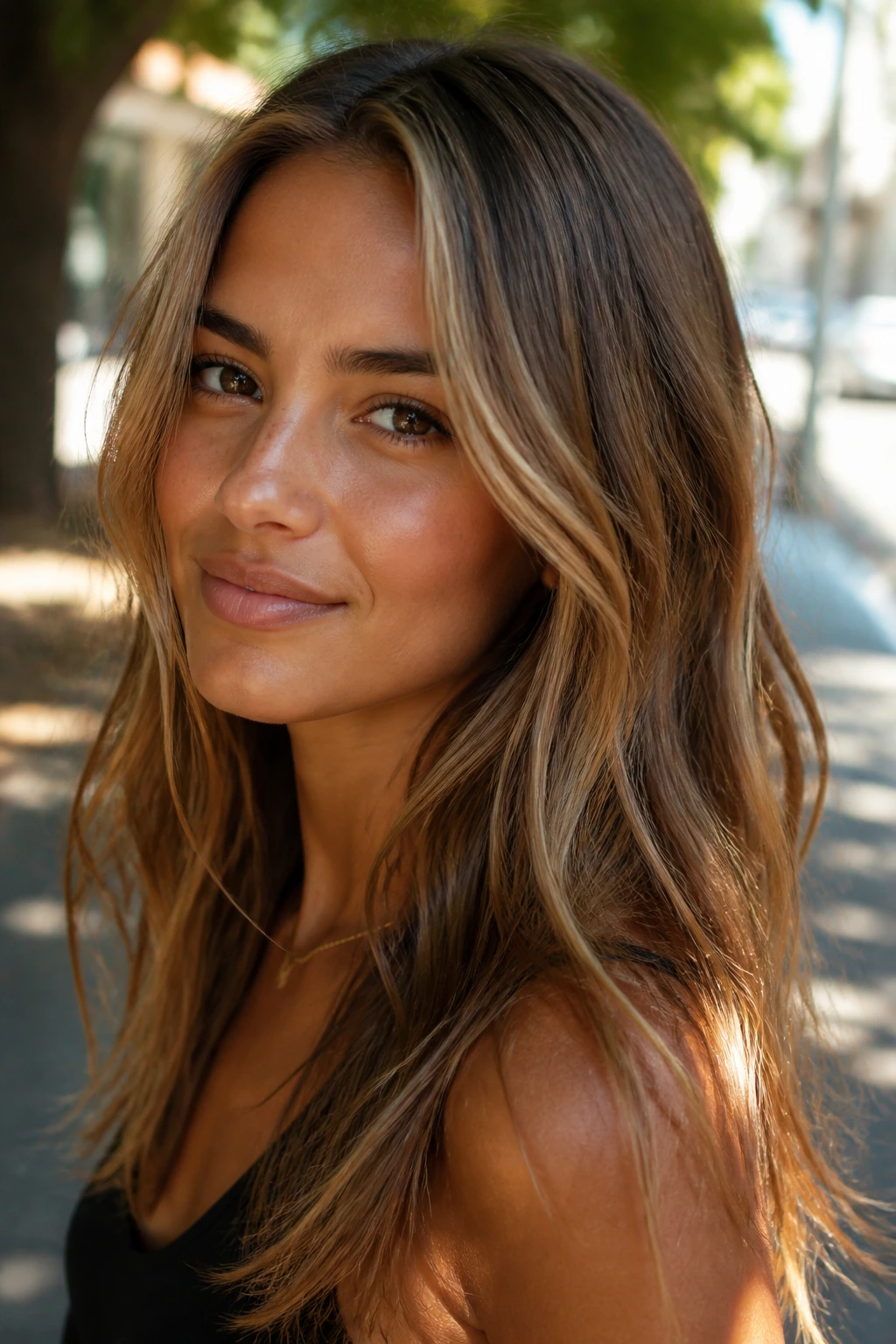 Close-up portrait of a real woman with sunlit chestnut blonde hair in natural sunlight.