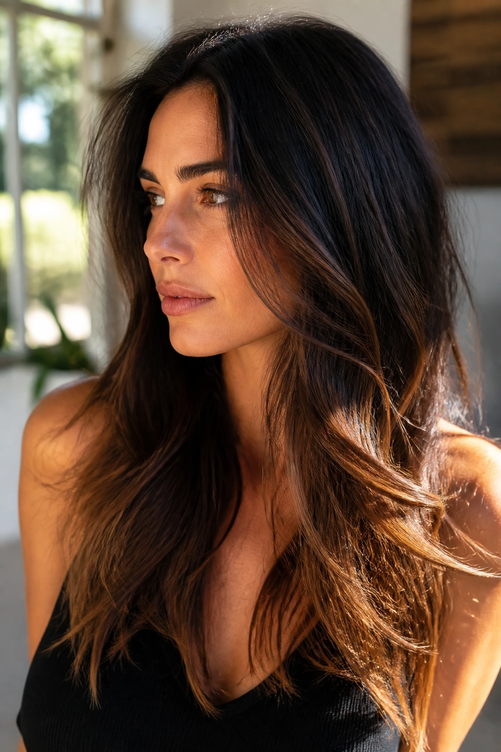 Close-up of long layered hair with sunlit chestnut ends on a real person.