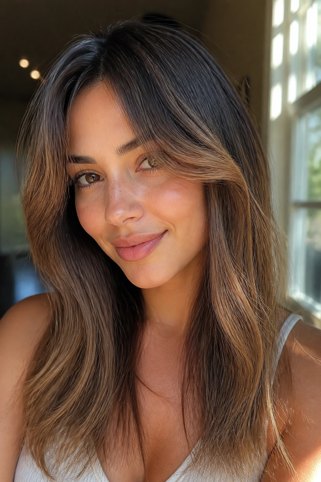 Close-up portrait of a real woman with sunlit chestnut hair and face-frame pieces.