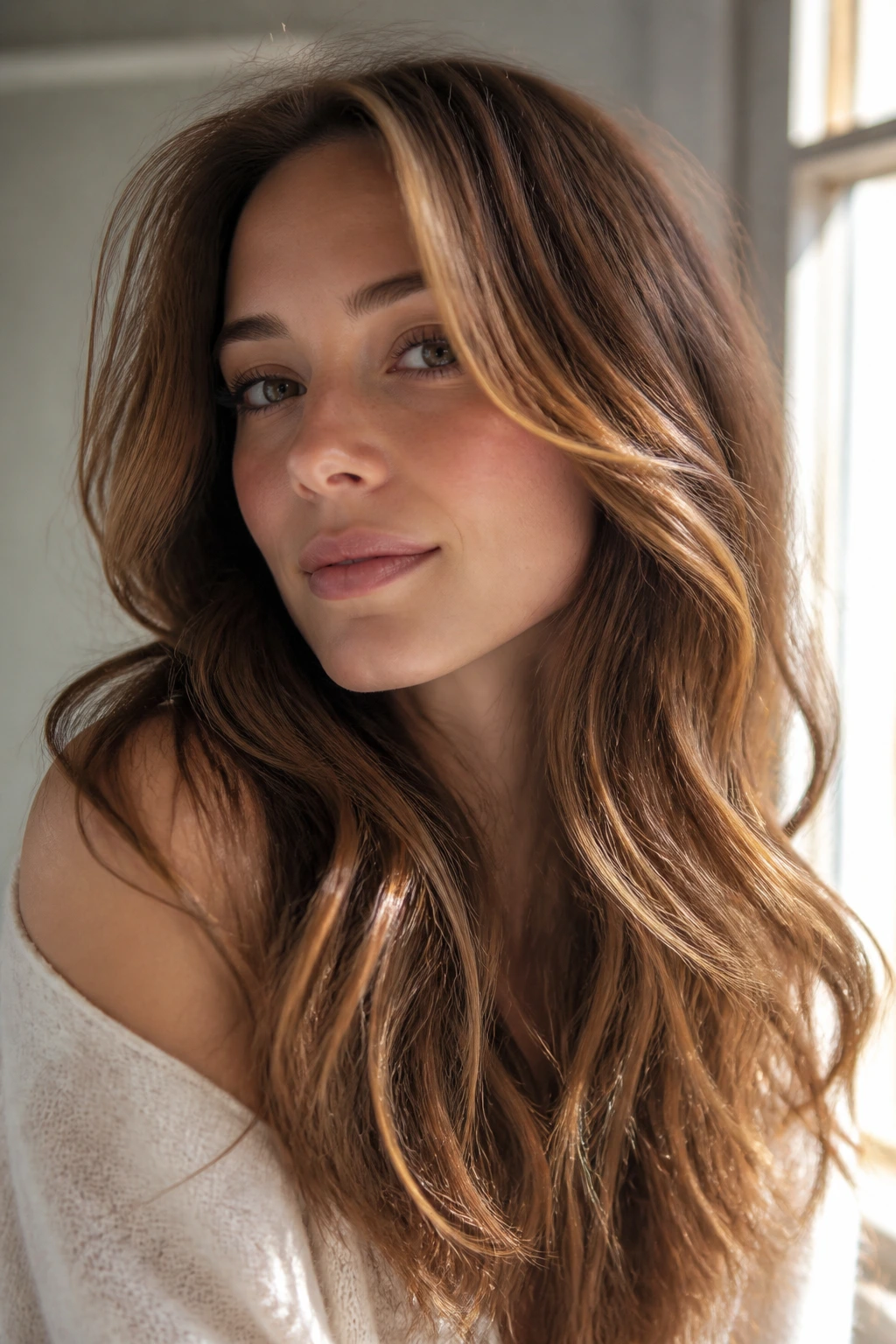 Real woman with sunlit chestnut highlights framing her face in natural light